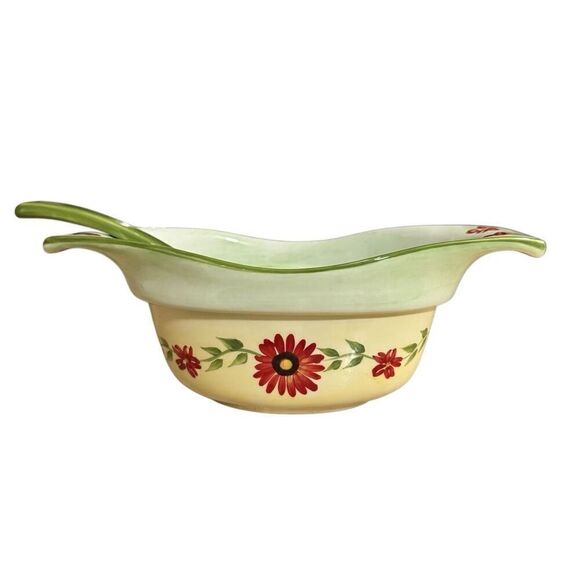 Pfaltzgraff Daybreak Gravy Server with Ladle Yellow Green Red Floral Gravy Boat - Picture 2 of 10